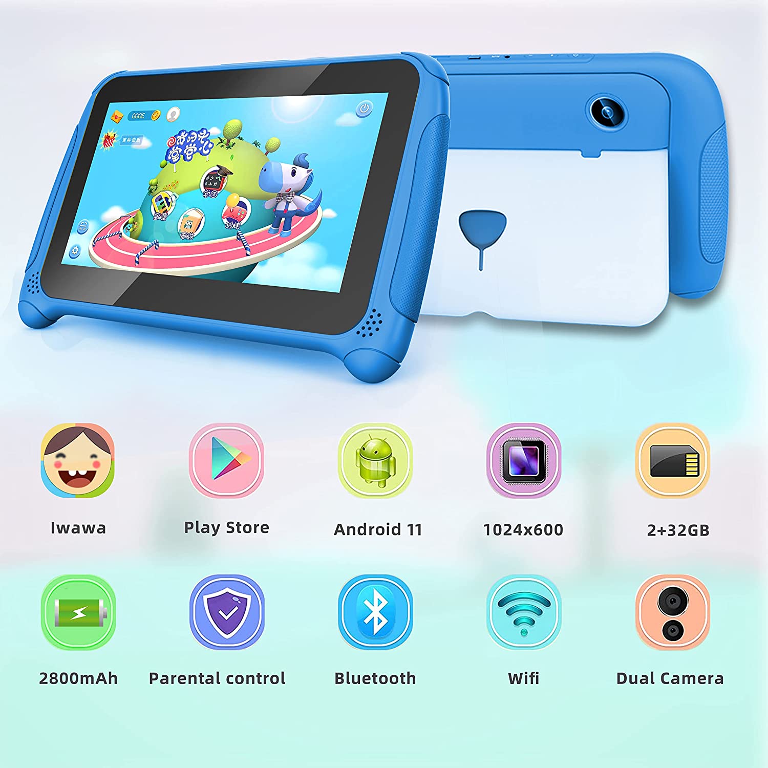 070CH-D Kinstone 7 inch Kids Tablet with Parental Control,Lovely Android 11 Tablets PC Quad Core 2GB RAM 32GB ROM Dual Camera Google Certified WiFi Bluetooth 4.2 ages3-12