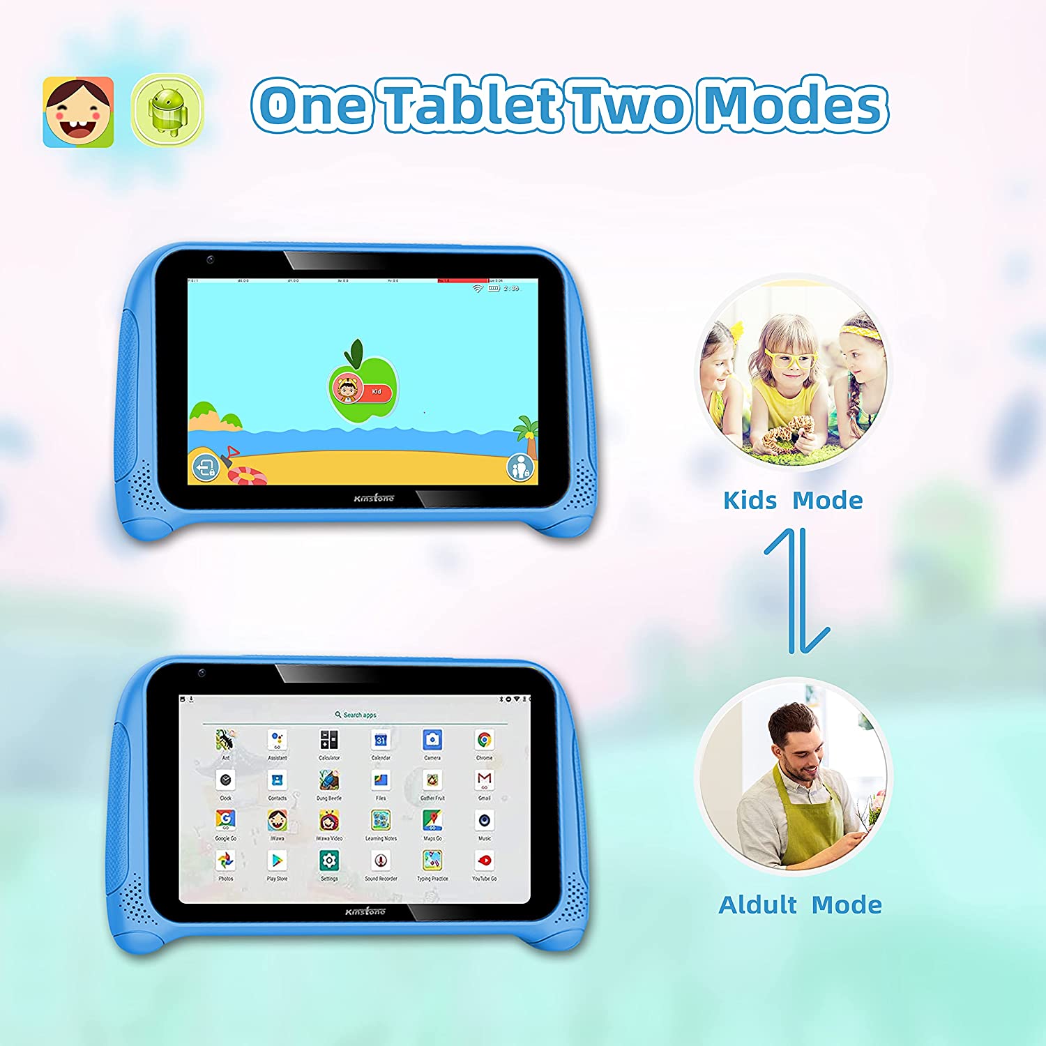 070CH-D Kinstone 7 inch Kids Tablet with Parental Control,Lovely Android 11 Tablets PC Quad Core 2GB RAM 32GB ROM Dual Camera Google Certified WiFi Bluetooth 4.2 ages3-12